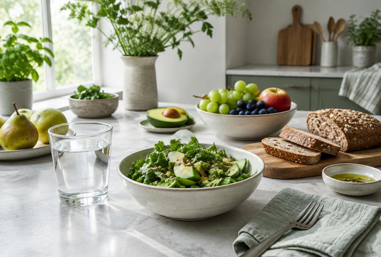 A glass of water, leafy salad, whole grain bread, and fresh fruit on a Nordic-inspired kitchen table